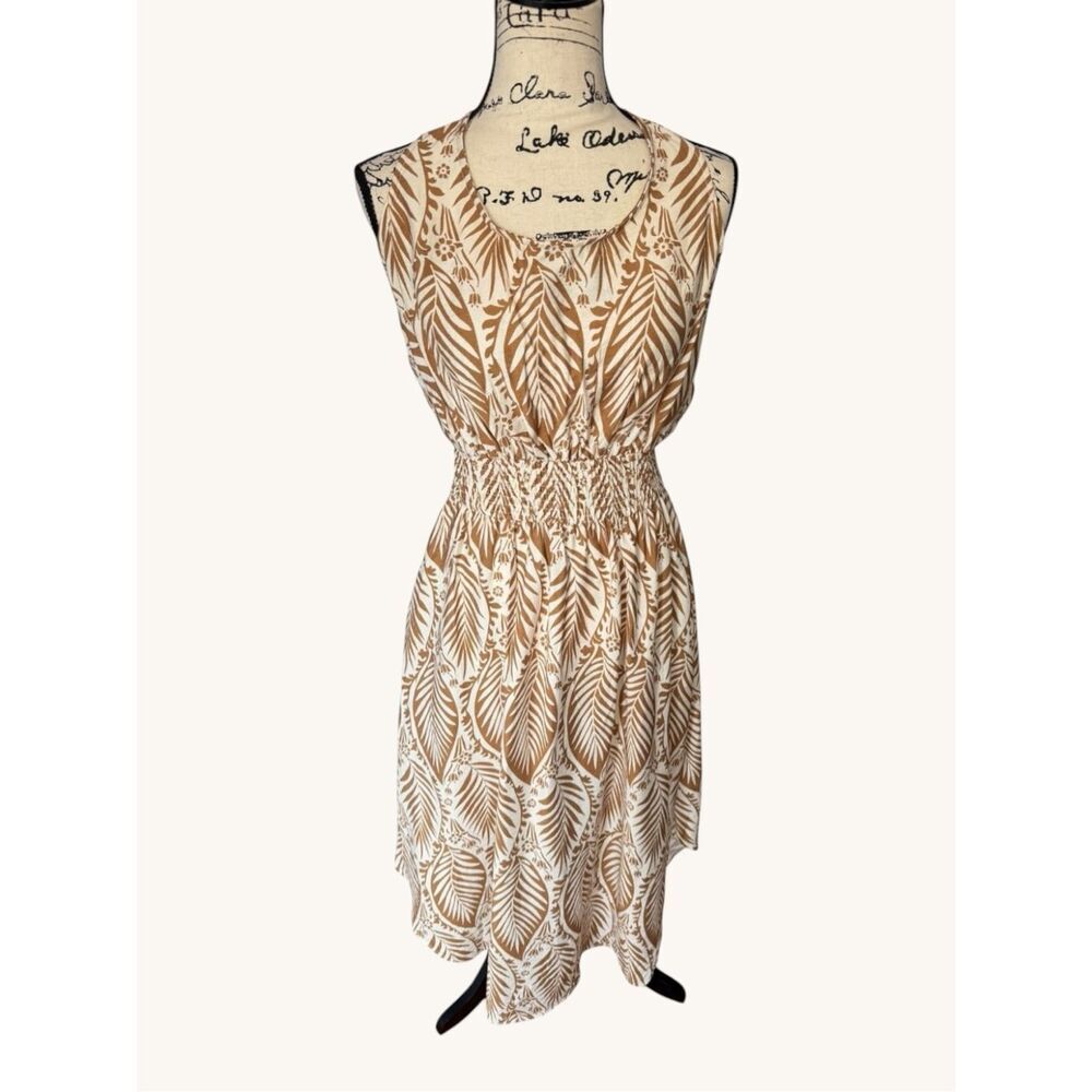 HYFVE Brown Cream Palm Leaf Smocked Waist Pocket Midi Dress Size M